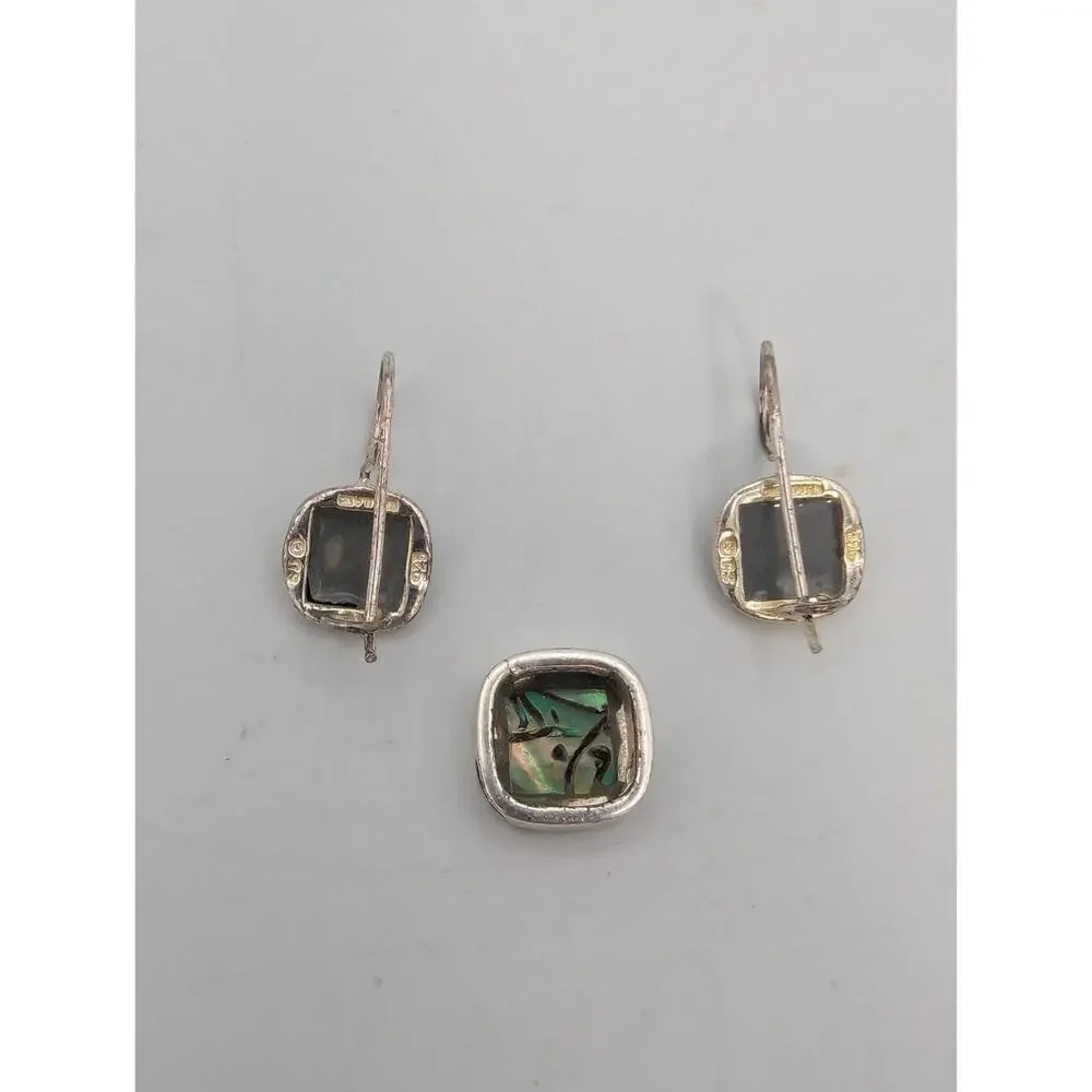 Vintage Sterling Silver Abalone Square Shaped Earring & Pendant Set